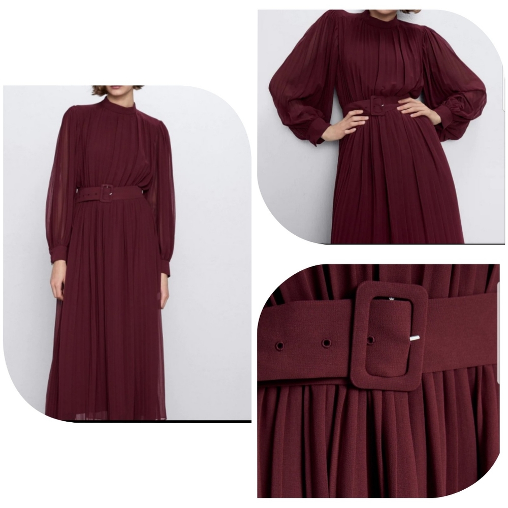 Zara Pleated Burgundy Midi Dress with Belt